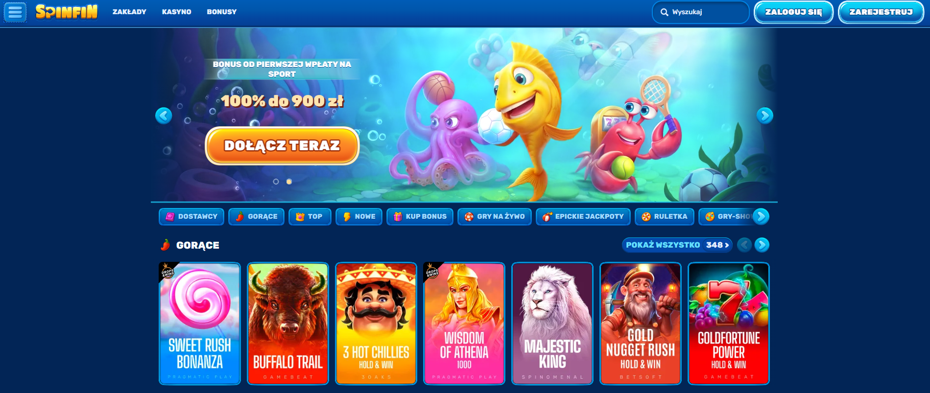 Underwater-themed online casino header featuring a cartoon octopus with playing cards, a fish carrying poker chips, and a crab holding coins.