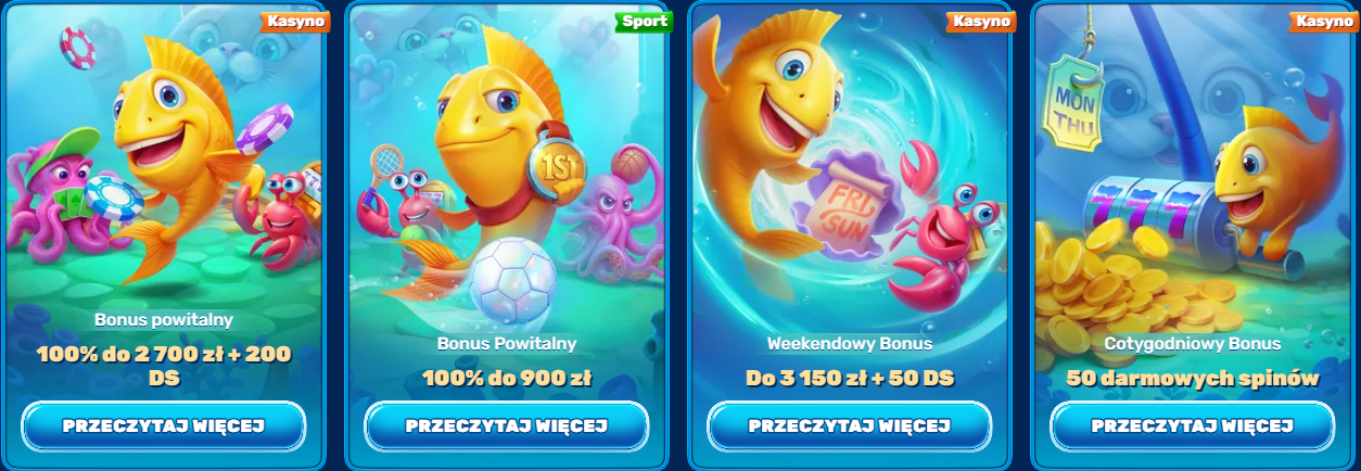 Cartoon yellow fish with a green turtle in a purple shell full of cash, coins, and reward cards, promoting